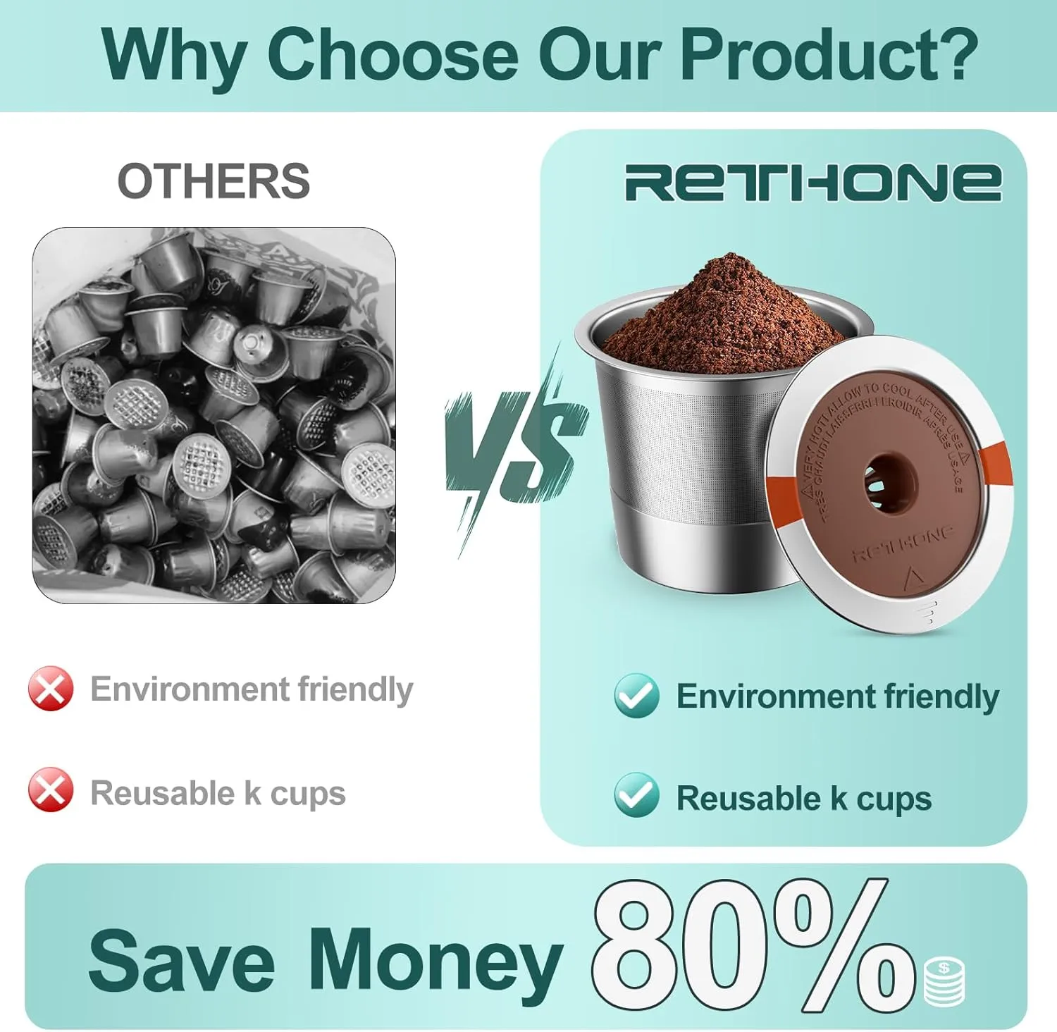 RETHONE K Cup Reusable Coffee Pods, Stainless Steel Reusable K Cups Compatible with Keurig 1.0 & 2.0 Coffee Machines Brewers Refillable K Cups (2 Pack)