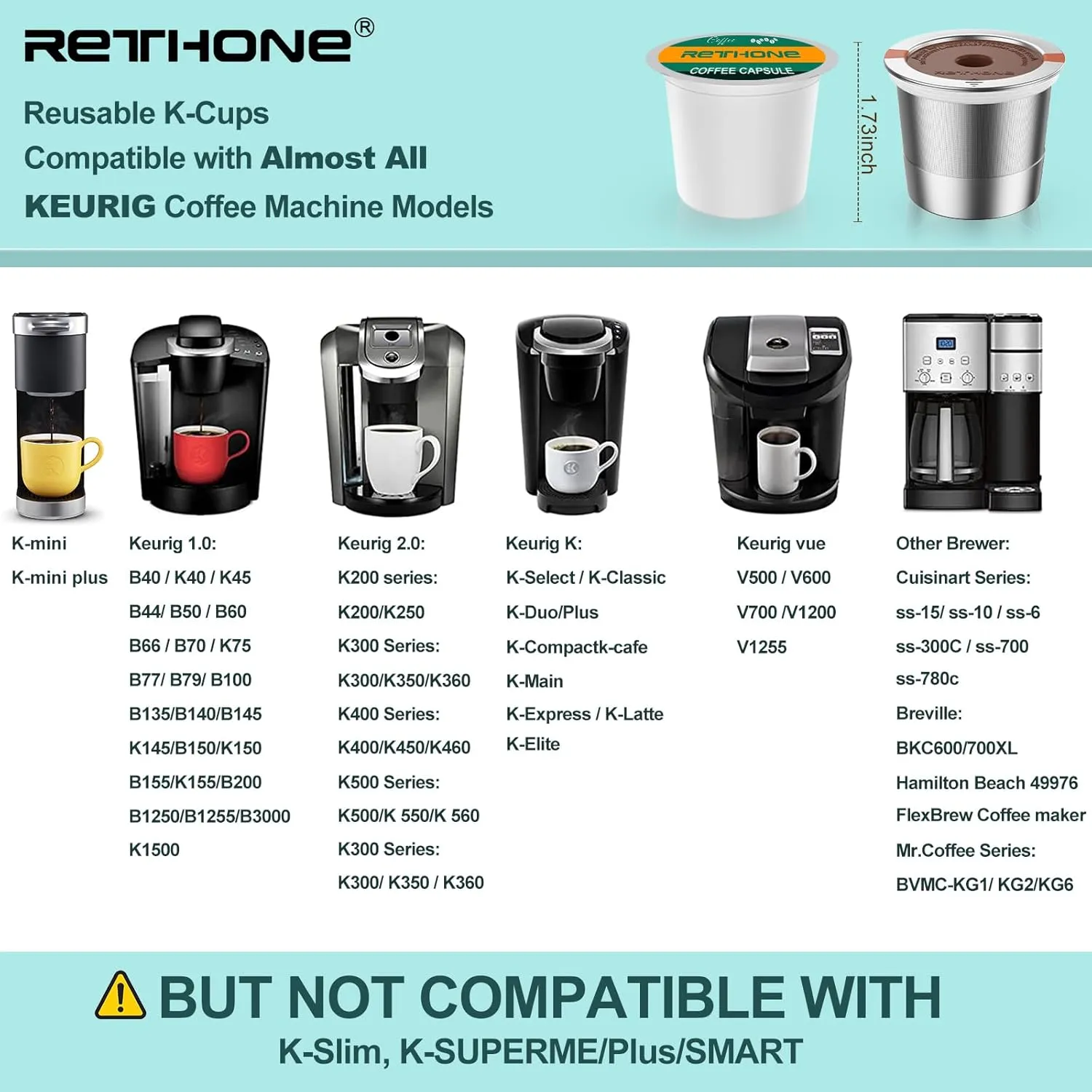RETHONE K Cup Reusable Coffee Pods, Stainless Steel Reusable K Cups Compatible with Keurig 1.0 & 2.0 Coffee Machines Brewers Refillable K Cups (2 Pack)