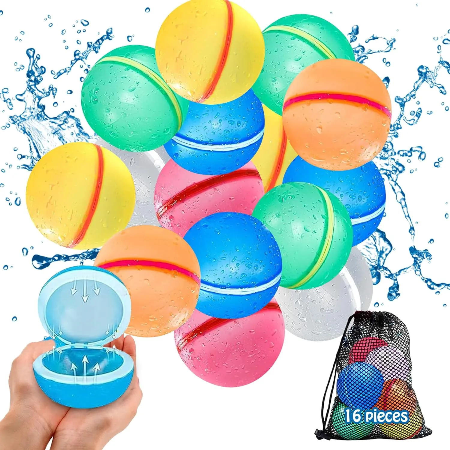 Reusable Water Balloons for Kids – 16 Pack | Quick-Fill, Refillable Water Balloons for Endless Summer Fun | Soft, Durable Magnetic Water Balloons for Outdoor Activities & Backyard Water Fights