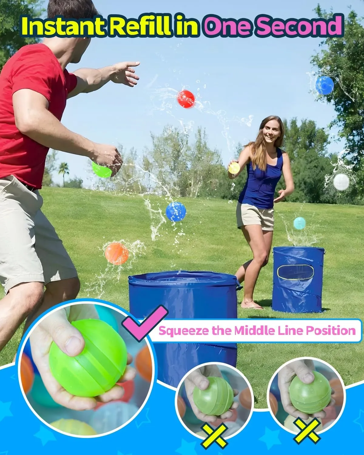 Reusable Water Balloons Unique Double Water Inlet Silicone Water Bomb Pool Toys Non-Magnetic Quick Fill Self Sealing Water Splash Balls Games for Kids 3-12 Summer Outdoor Beach Activities Gift-14 Pack