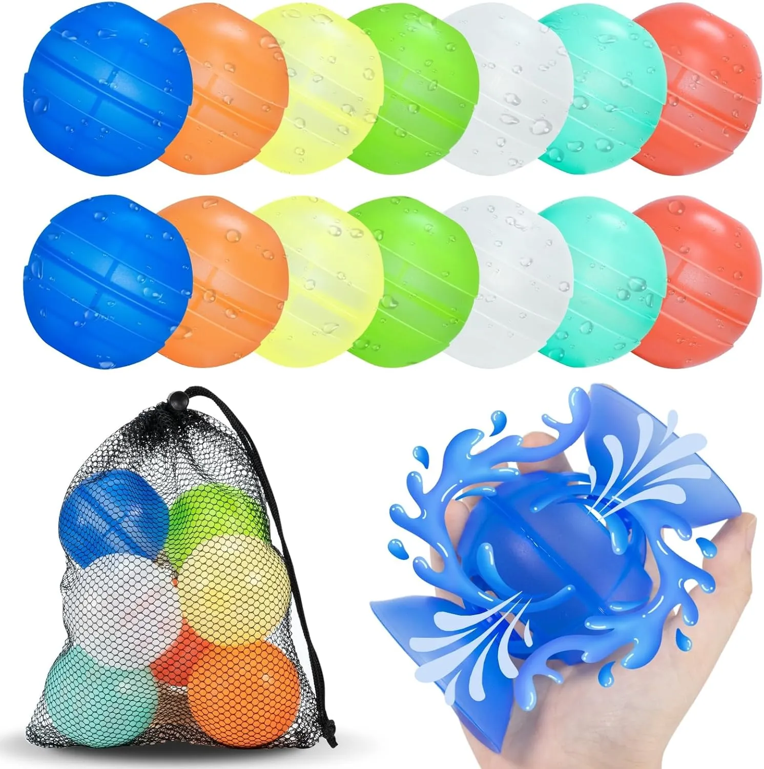 Reusable Water Balloons Unique Double Water Inlet Silicone Water Bomb Pool Toys Non-Magnetic Quick Fill Self Sealing Water Splash Balls Games for Kids 3-12 Summer Outdoor Beach Activities Gift-14 Pack
