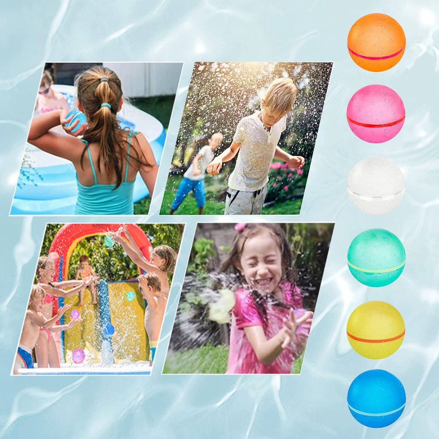 Reusable Water Balloons Water Bombs Splash Ball Quick Fill Self-Sealing Refillable Water Balloons Outdoor Activities Summer Toy Pool Beach Water Games Toys for Kids ages 4-12 (6 Pcs -color)