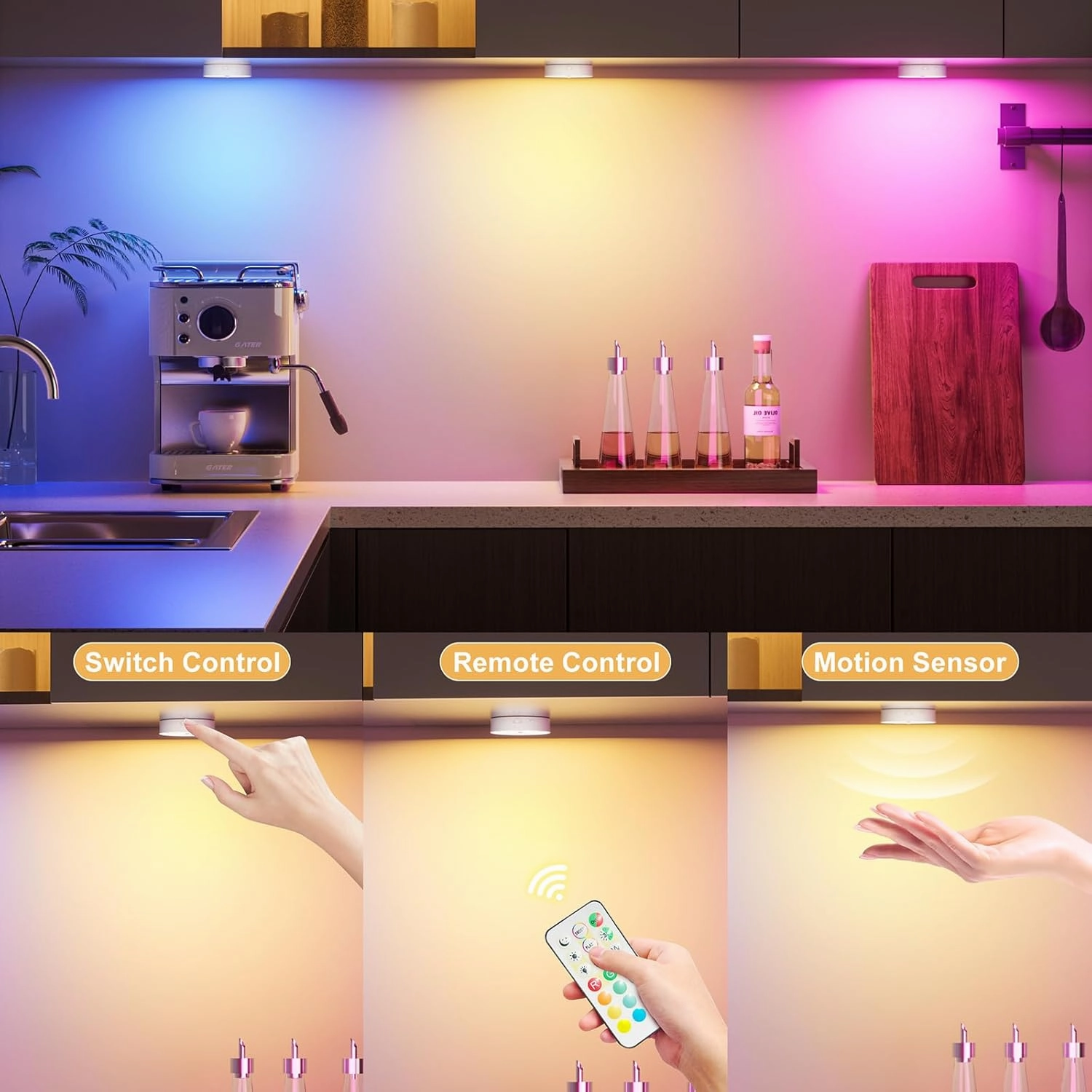 RGB Puck Lights with Remote Control, Rechargeable 1500mAh Motion Sensor Night Light, 13 Colors Dimmable Under Cabinet Lighting, Magnetic Stick on Lights for Closet, Counter, Kitchen, Stairs, 4 Pack