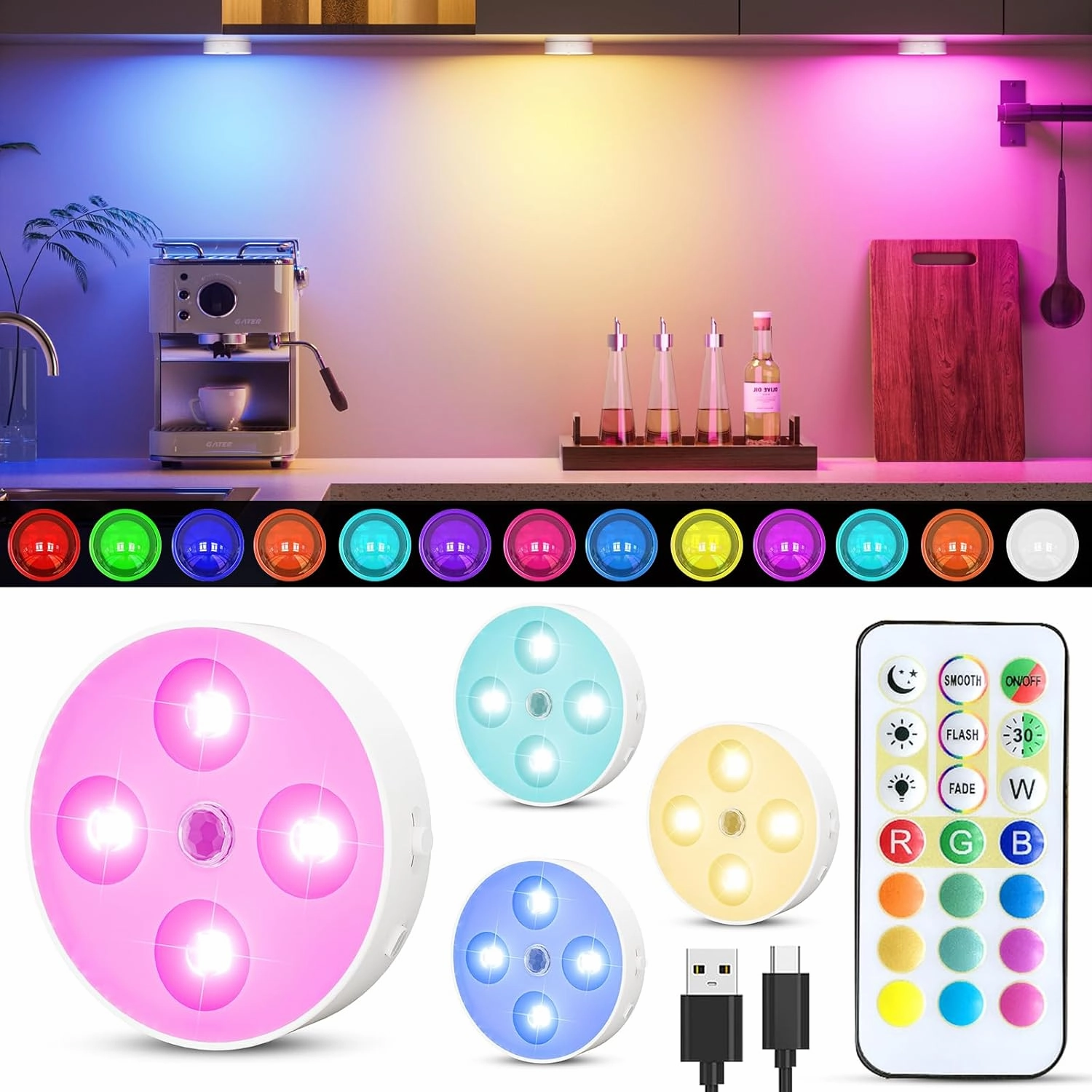 RGB Puck Lights with Remote Control, Rechargeable 1500mAh Motion Sensor Night Light, 13 Colors Dimmable Under Cabinet Lighting, Magnetic Stick on Lights for Closet, Counter, Kitchen, Stairs, 4 Pack