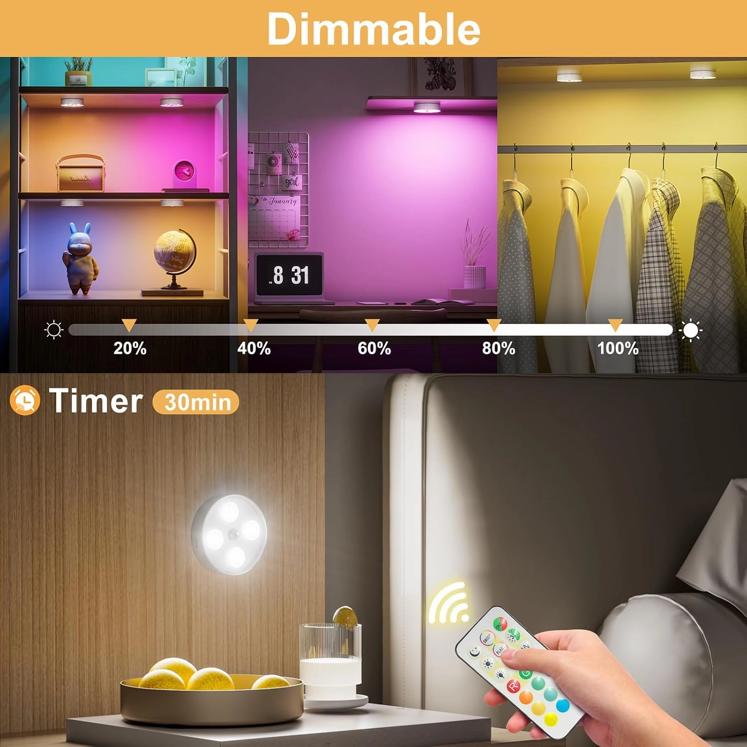 RGB Puck Lights with Remote Control, Rechargeable 1500mAh Motion Sensor Night Light, 13 Colors Dimmable Under Cabinet Lighting, Magnetic Stick on Lights for Closet, Counter, Kitchen, Stairs, 4 Pack