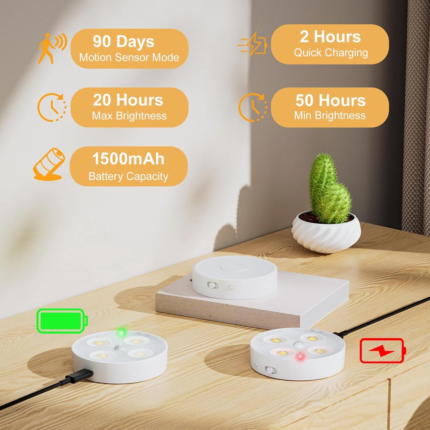 RGB Puck Lights with Remote Control, Rechargeable 1500mAh Motion Sensor Night Light, 13 Colors Dimmable Under Cabinet Lighting, Magnetic Stick on Lights for Closet, Counter, Kitchen, Stairs, 4 Pack