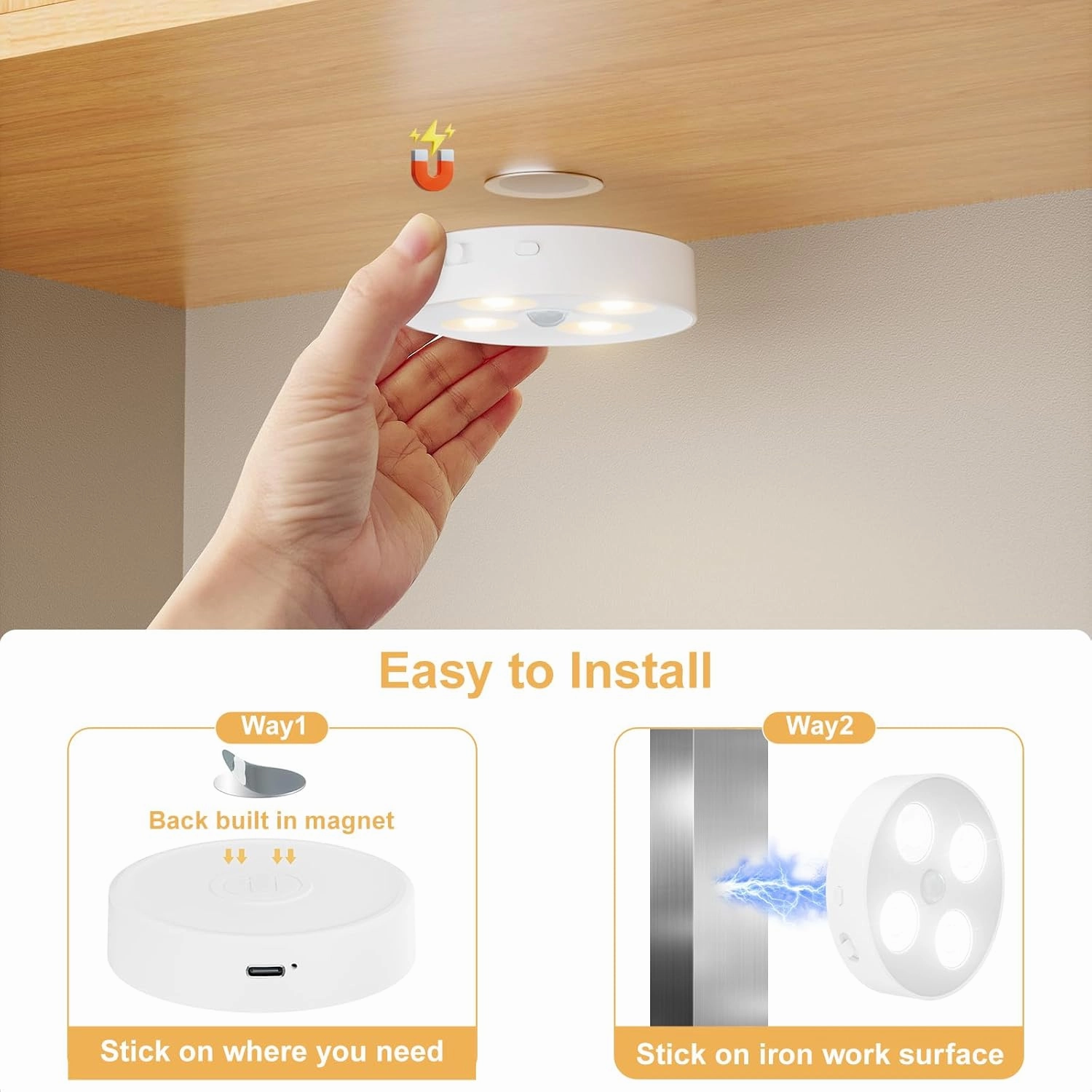 RGB Puck Lights with Remote Control, Rechargeable 1500mAh Motion Sensor Night Light, 13 Colors Dimmable Under Cabinet Lighting, Magnetic Stick on Lights for Closet, Counter, Kitchen, Stairs, 4 Pack