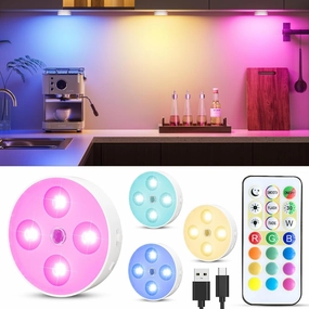 RGB Puck Lights with Remote Control, Rechargeable 1500mAh Motion Sensor Night Light, 13 Colors Dimmable Under Cabinet Lighting, Magnetic Stick on Lights for Closet, Counter, Kitchen, Stairs, 4 Pack