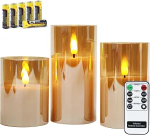 Rhytsing Gold Glass Battery Operated Candles with Remote, Flameless LED Candle Gift Set, Warm White Light - Include 6 Batteries