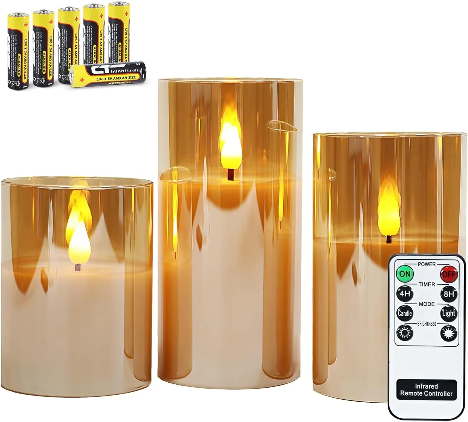 Rhytsing Gold Glass Battery Operated Candles with Remote, Flameless LED Candle Gift Set, Warm White Light - Include 6 Batteries