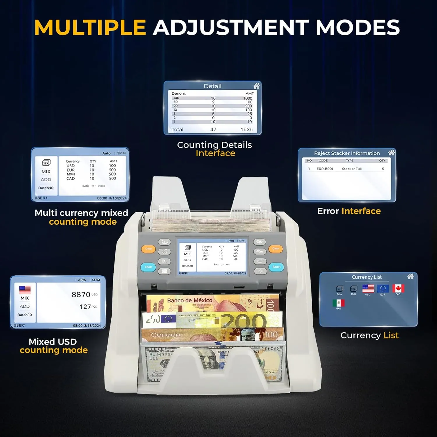 RIBAO MC-40 Mixed Denomination Money Counter, Bank Grade Cash Counting Machine, CIS/UV/MT Counterfeit Detection, Muti Currency Bill Checker Printer Compatible Value Count for Bussiness