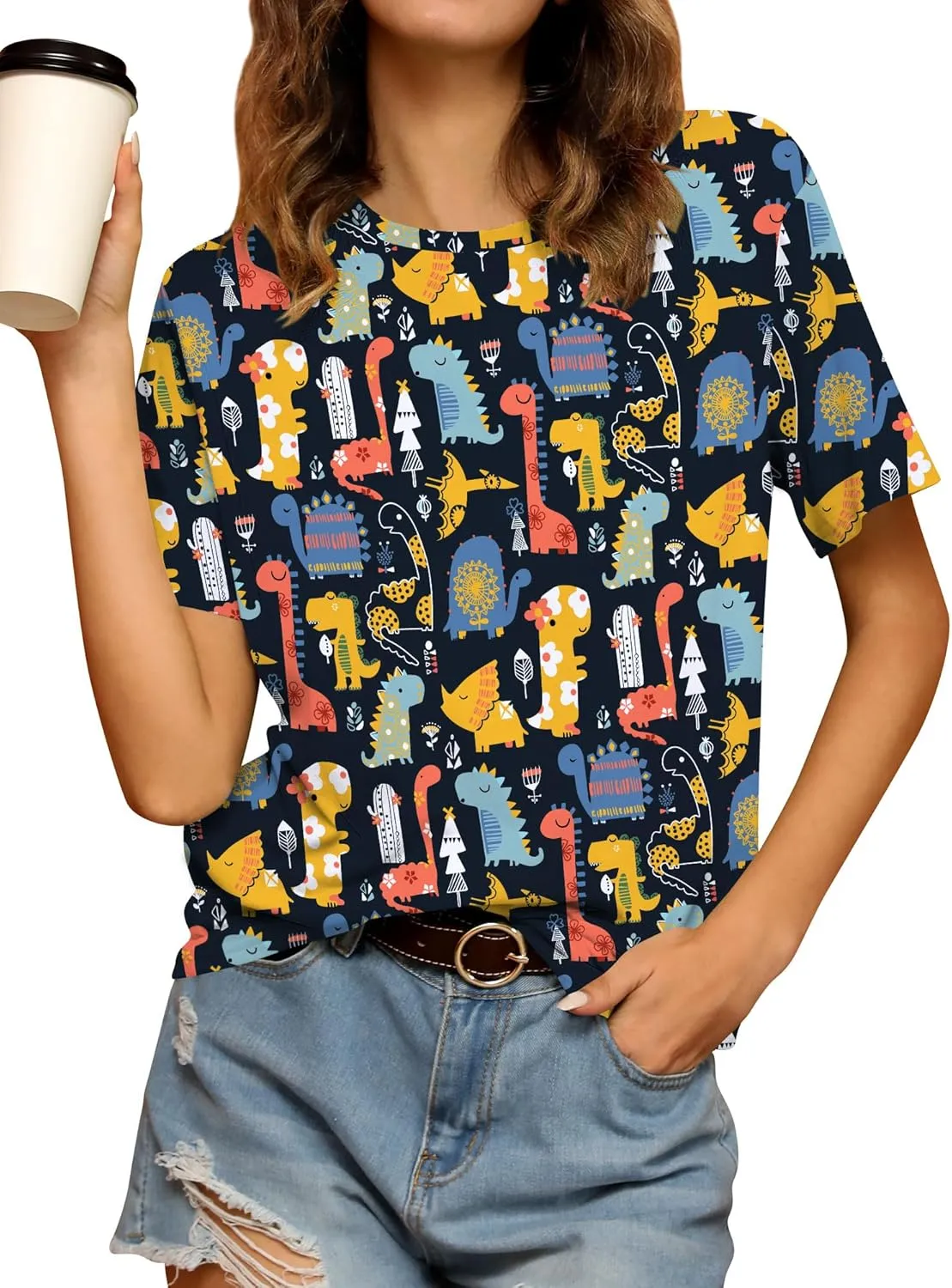RMCMS Dinosaur Shirts Women Cute 3D Dinosaur Graphic Party Casual Loose Fit Short Sleeve T-Shirt Tee Gift for Mom Top