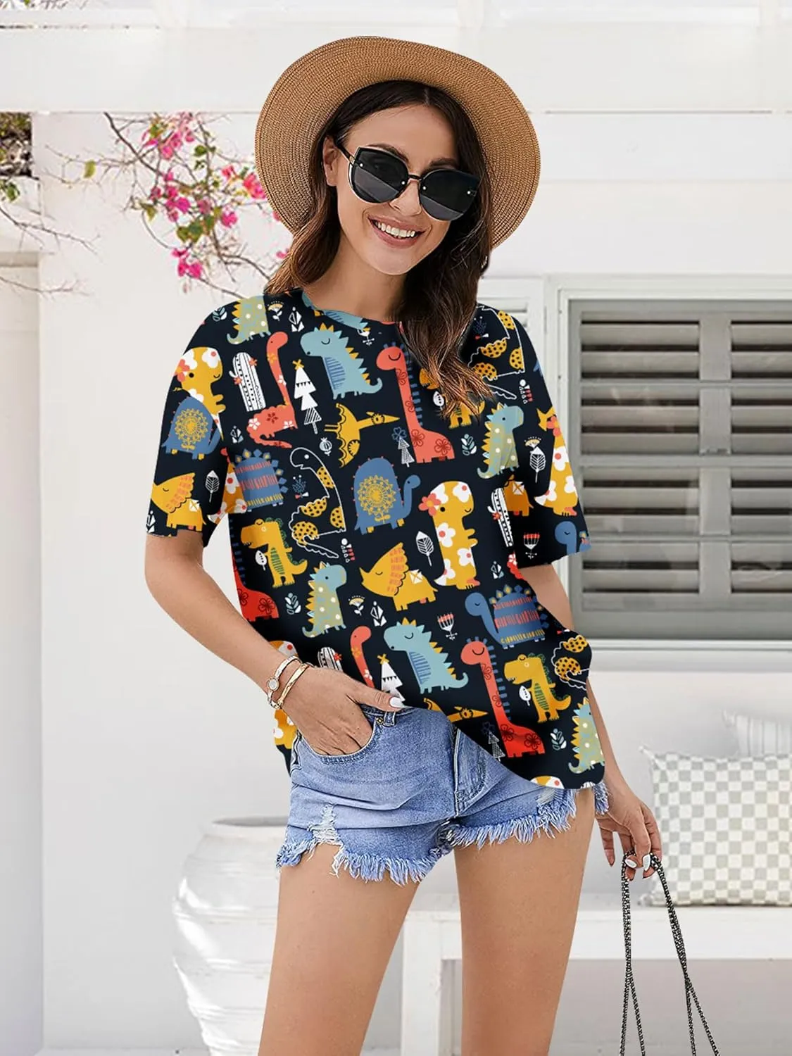 RMCMS Dinosaur Shirts Women Cute 3D Dinosaur Graphic Party Casual Loose Fit Short Sleeve T-Shirt Tee Gift for Mom Top
