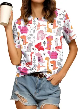 RMCMS Dinosaur Shirts Women Cute 3D Dinosaur Graphic Party Casual Loose Fit Short Sleeve T-Shirt Tee Gift for Mom Top