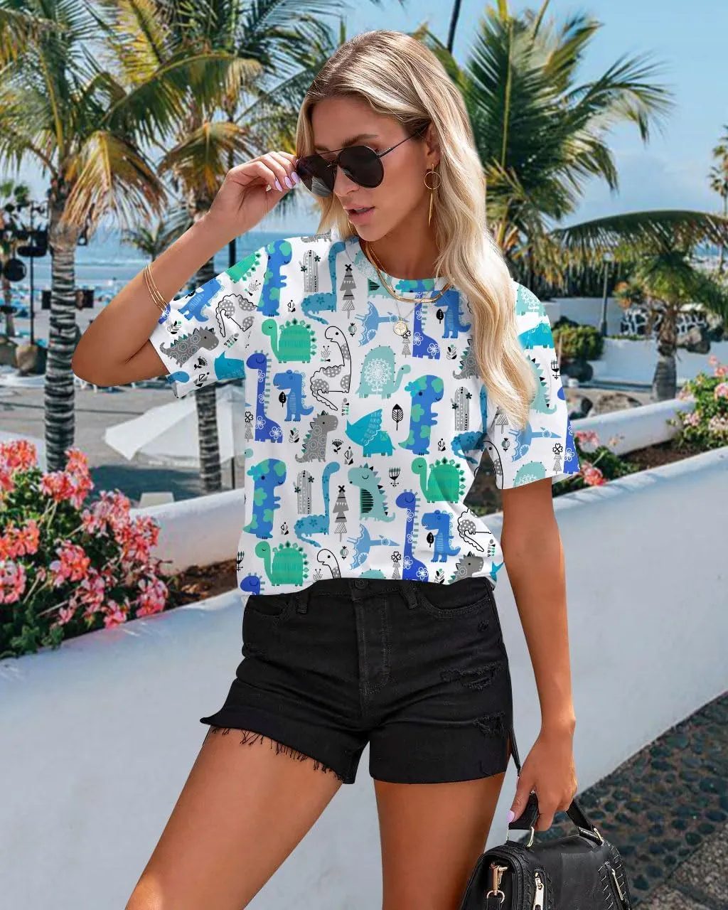 RMCMS Dinosaur Shirts Women Cute 3D Dinosaur Graphic Party Casual Loose Fit Short Sleeve T-Shirt Tee Gift for Mom Top