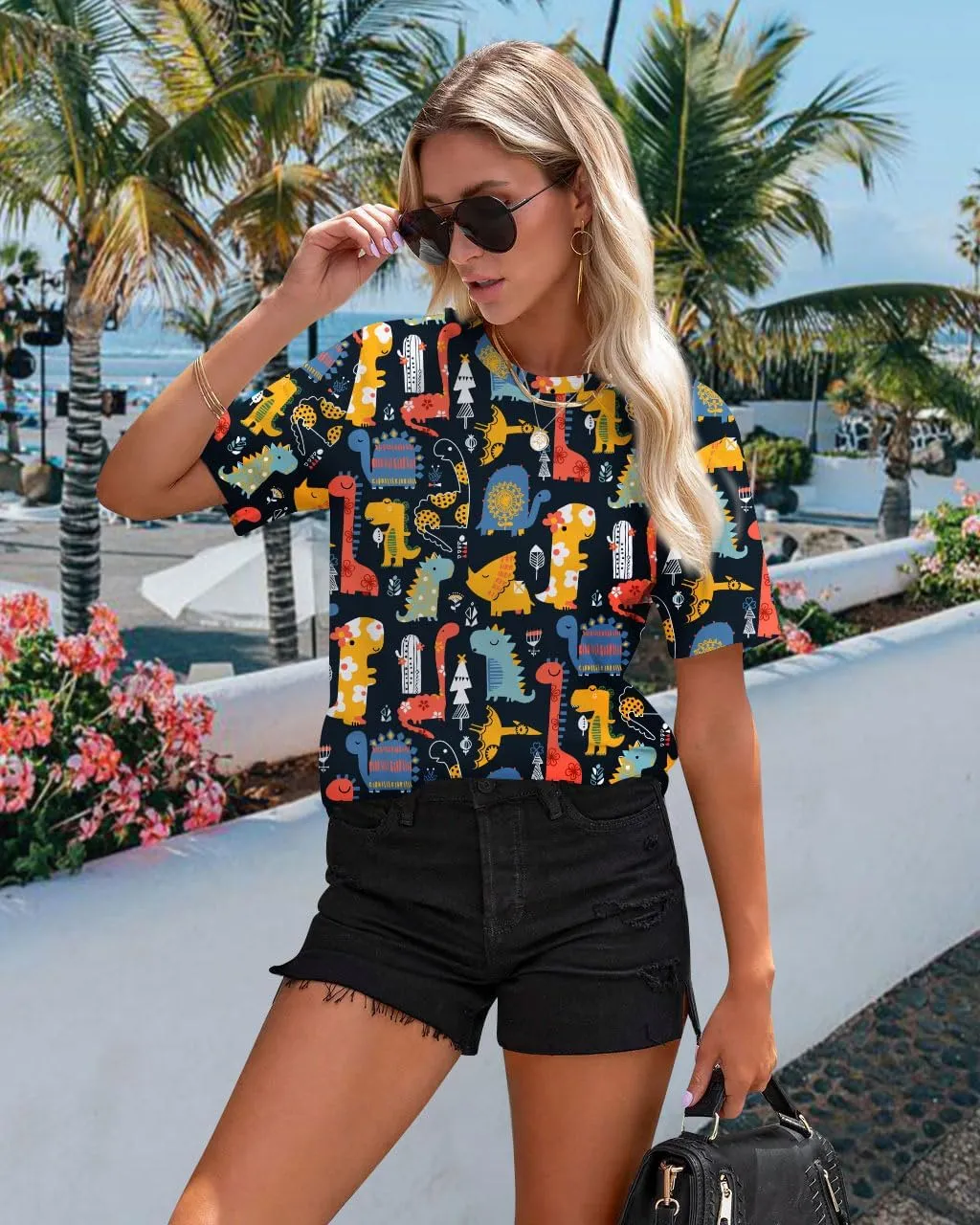 RMCMS Dinosaur Shirts Women Cute 3D Dinosaur Graphic Party Casual Loose Fit Short Sleeve T-Shirt Tee Gift for Mom Top