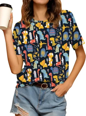 RMCMS Dinosaur Shirts Women Cute 3D Dinosaur Graphic Party Casual Loose Fit Short Sleeve T-Shirt Tee Gift for Mom Top