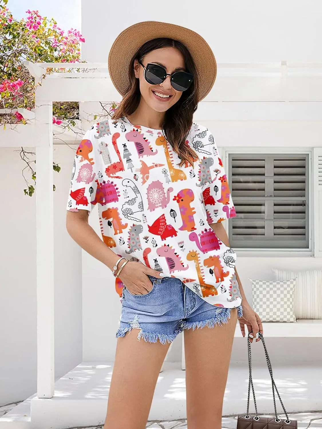RMCMS Dinosaur Shirts Women Cute 3D Dinosaur Graphic Party Casual Loose Fit Short Sleeve T-Shirt Tee Gift for Mom Top