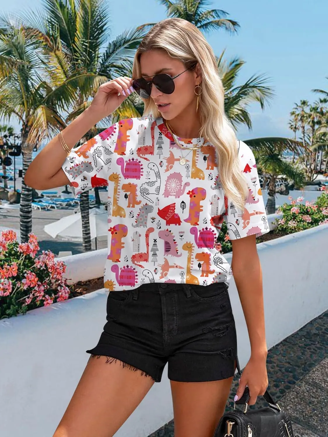 RMCMS Dinosaur Shirts Women Cute 3D Dinosaur Graphic Party Casual Loose Fit Short Sleeve T-Shirt Tee Gift for Mom Top