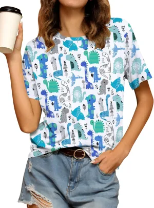 RMCMS Dinosaur Shirts Women Cute 3D Dinosaur Graphic Party Casual Loose Fit Short Sleeve T-Shirt Tee Gift for Mom Top