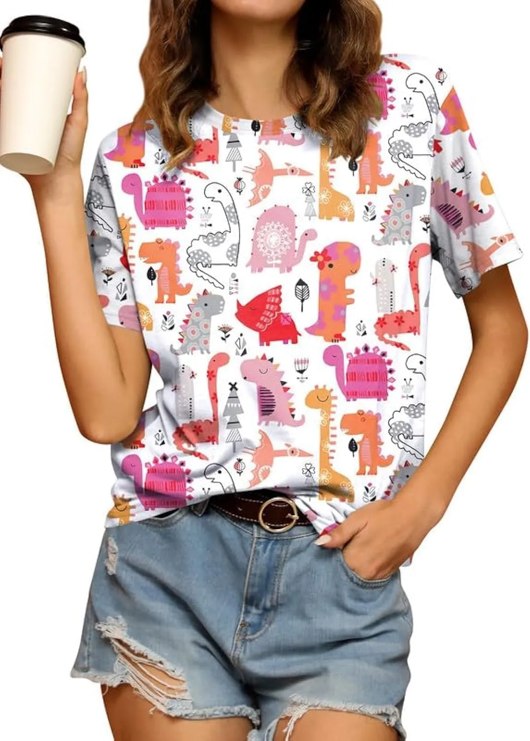 RMCMS Dinosaur Shirts Women Cute 3D Dinosaur Graphic Party Casual Loose Fit Short Sleeve T-Shirt Tee Gift for Mom Top