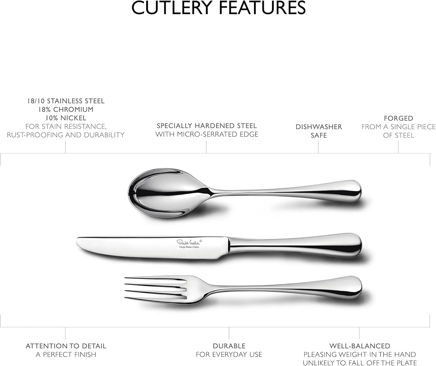 Robert Welch Radford Bright, 24 Piece Cutlery Set for 6 People. Made from Stainless Steel. Dishwasher Safe.