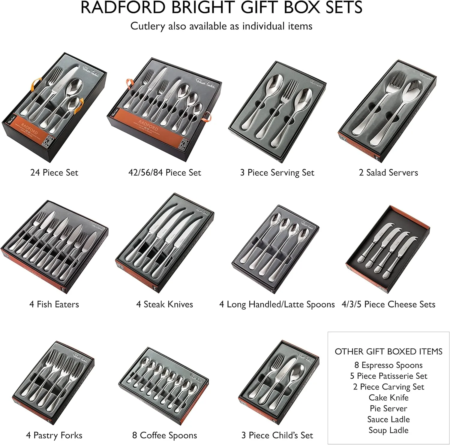 Robert Welch Radford Bright, 24 Piece Cutlery Set for 6 People. Made from Stainless Steel. Dishwasher Safe.