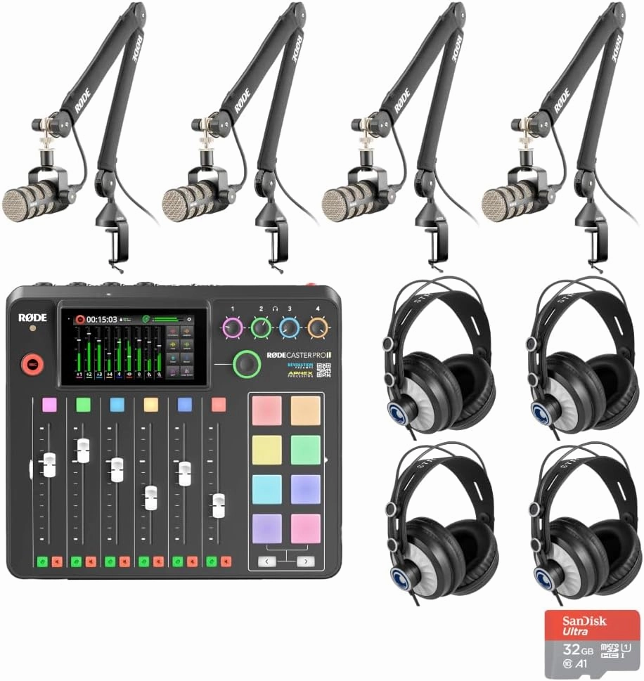 Rode RODECaster Pro II Audio Production Console with 4x Rode PodMic Podcasting Microphones, Rode PSA1  Professional Boom Arms, Over-Ear Headphones, 32GB microSD Card, XLR Cables and StreamEye Cloth