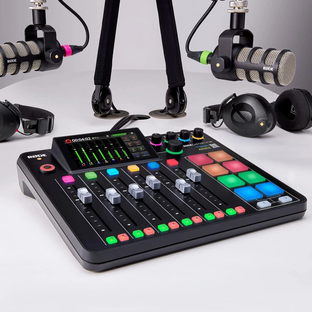 Rode RODECaster Pro II Audio Production Console with 4x Rode PodMic Podcasting Microphones, Rode PSA1  Professional Boom Arms, Over-Ear Headphones, 32GB microSD Card, XLR Cables and StreamEye Cloth