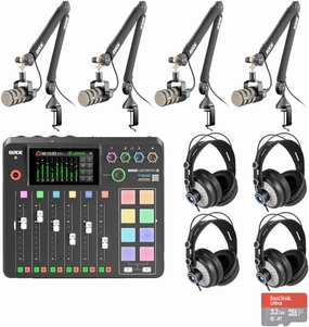 Rode RODECaster Pro II Audio Production Console with 4x Rode PodMic Podcasting Microphones, Rode PSA1  Professional Boom Arms, Over-Ear Headphones, 32GB microSD Card, XLR Cables and StreamEye Cloth