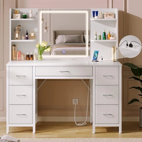 Rolanstar Vanity Desk with Lighted Mirror & Power Outlet, Makeup Vanity with 7 Fabric Drawers, 6 Storage Shelves & 3 Lighting Modes, Dressing Table for Bedroom, Girls, Women, White