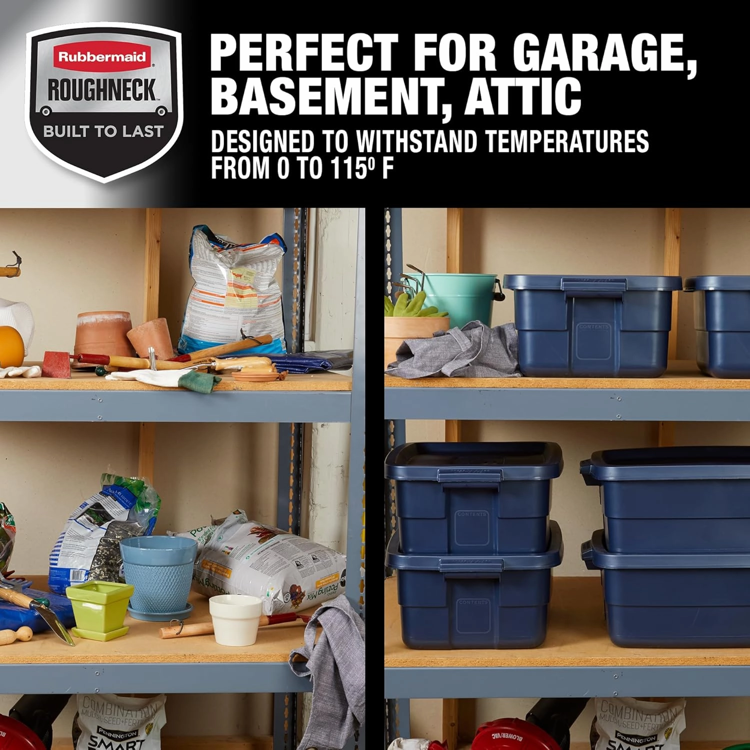 Rubbermaid Roughneck Tote 10 Gal, 8 Pack, Made in USA, Dark Indigo Metallic, Rugged Plastic Stackable Storage Bins with Lids and Handles