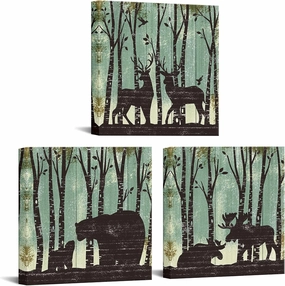 RyounoArt Wildlife Wall Art Canvas Bear Deer Moose in Forest Pictures Rustic Wild Animal Painting for Cabin Hunting Room Farmhouse Wall Decor Framed 12"x12"x3pcs