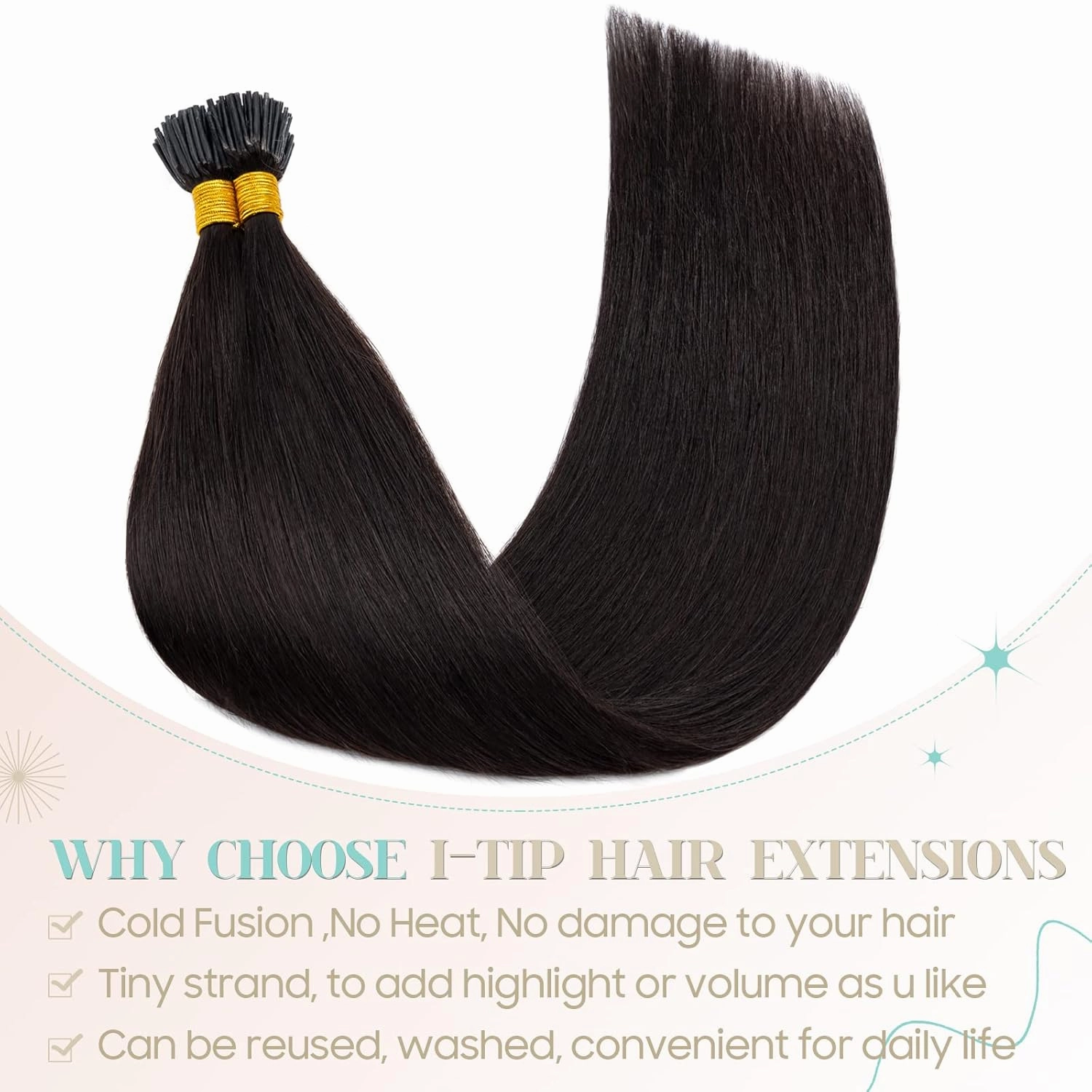 S-noilite I Tip Human Hair Extension for Women Keratin Glue Cold Fusion Stick Tip Remy Human Hair Piece Invisible Glue in Hair Extensions Full Head 100Strands/50g 16"- (#1B Natural Black)