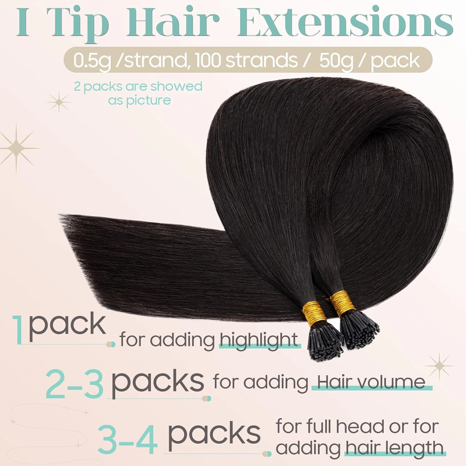 S-noilite I Tip Human Hair Extension for Women Keratin Glue Cold Fusion Stick Tip Remy Human Hair Piece Invisible Glue in Hair Extensions Full Head 100Strands/50g 16"- (#1B Natural Black)