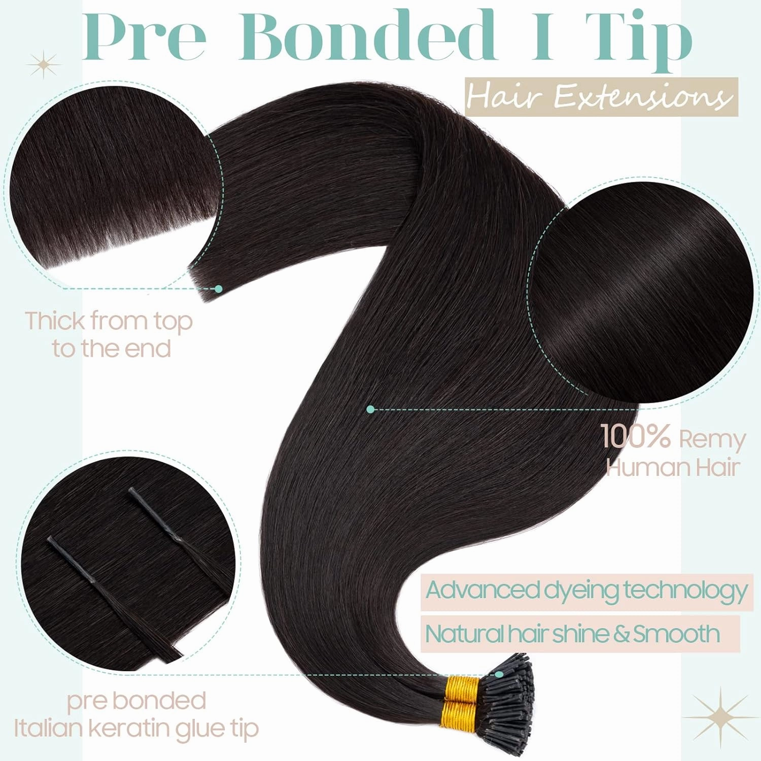 S-noilite I Tip Human Hair Extension for Women Keratin Glue Cold Fusion Stick Tip Remy Human Hair Piece Invisible Glue in Hair Extensions Full Head 100Strands/50g 16"- (#1B Natural Black)