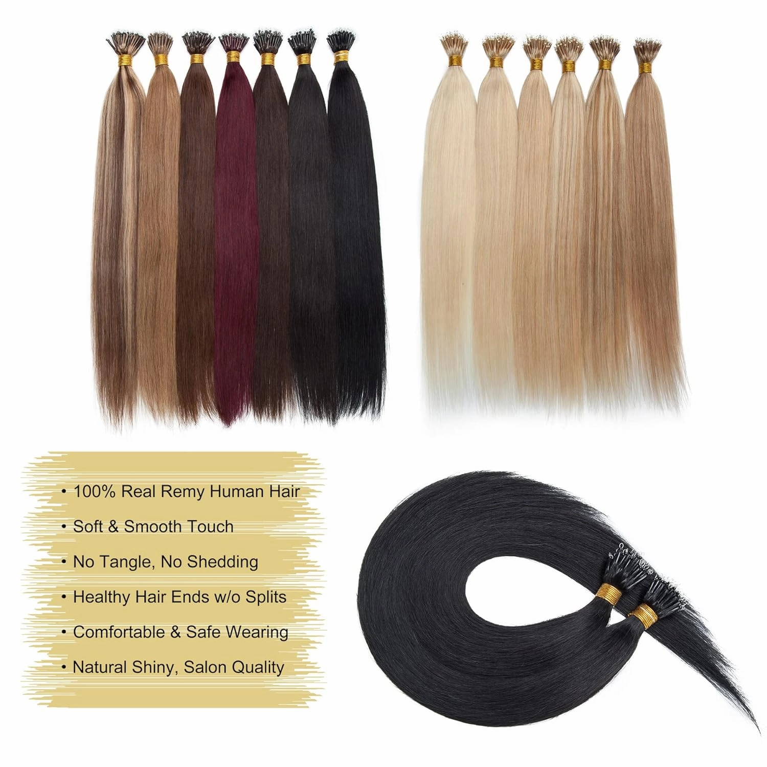S-noilite Nano Bead Ring Human Hair Extensions Pre Bonded Nano Tip Hairpieces Cold Fusion Micro Link Loop Remy Hair 50g 50 Strands For Women Beauty 16Inch #1 Jet Black