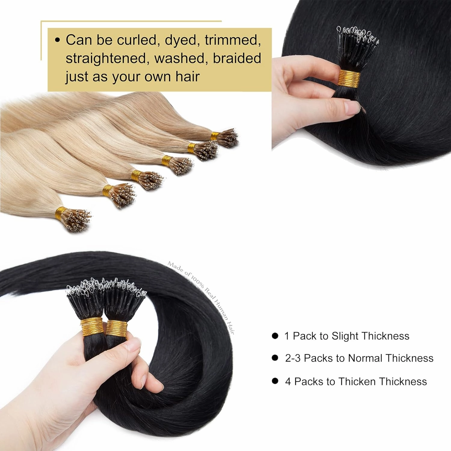 S-noilite Nano Bead Ring Human Hair Extensions Pre Bonded Nano Tip Hairpieces Cold Fusion Micro Link Loop Remy Hair 50g 50 Strands For Women Beauty 16Inch #1 Jet Black
