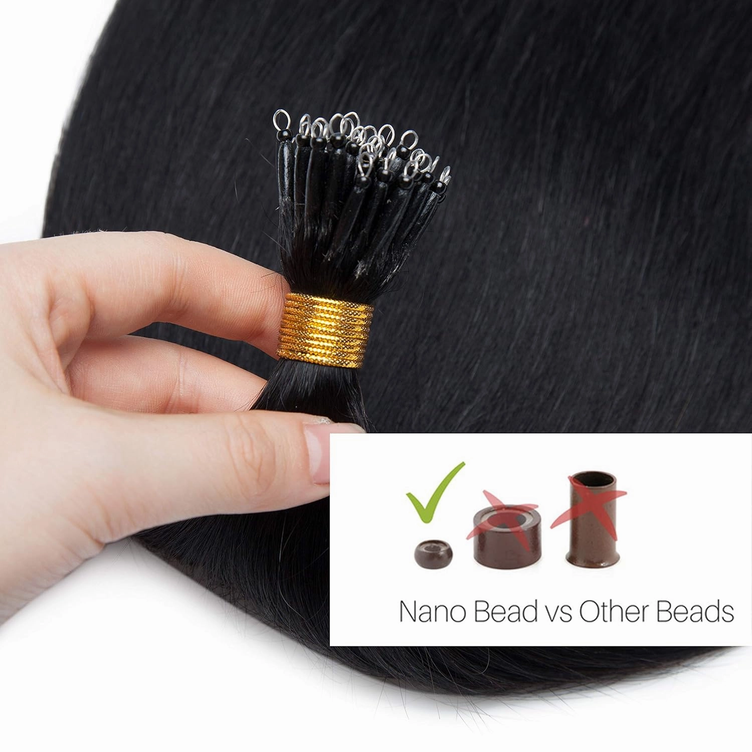 S-noilite Nano Bead Ring Human Hair Extensions Pre Bonded Nano Tip Hairpieces Cold Fusion Micro Link Loop Remy Hair 50g 50 Strands For Women Beauty 16Inch #1 Jet Black