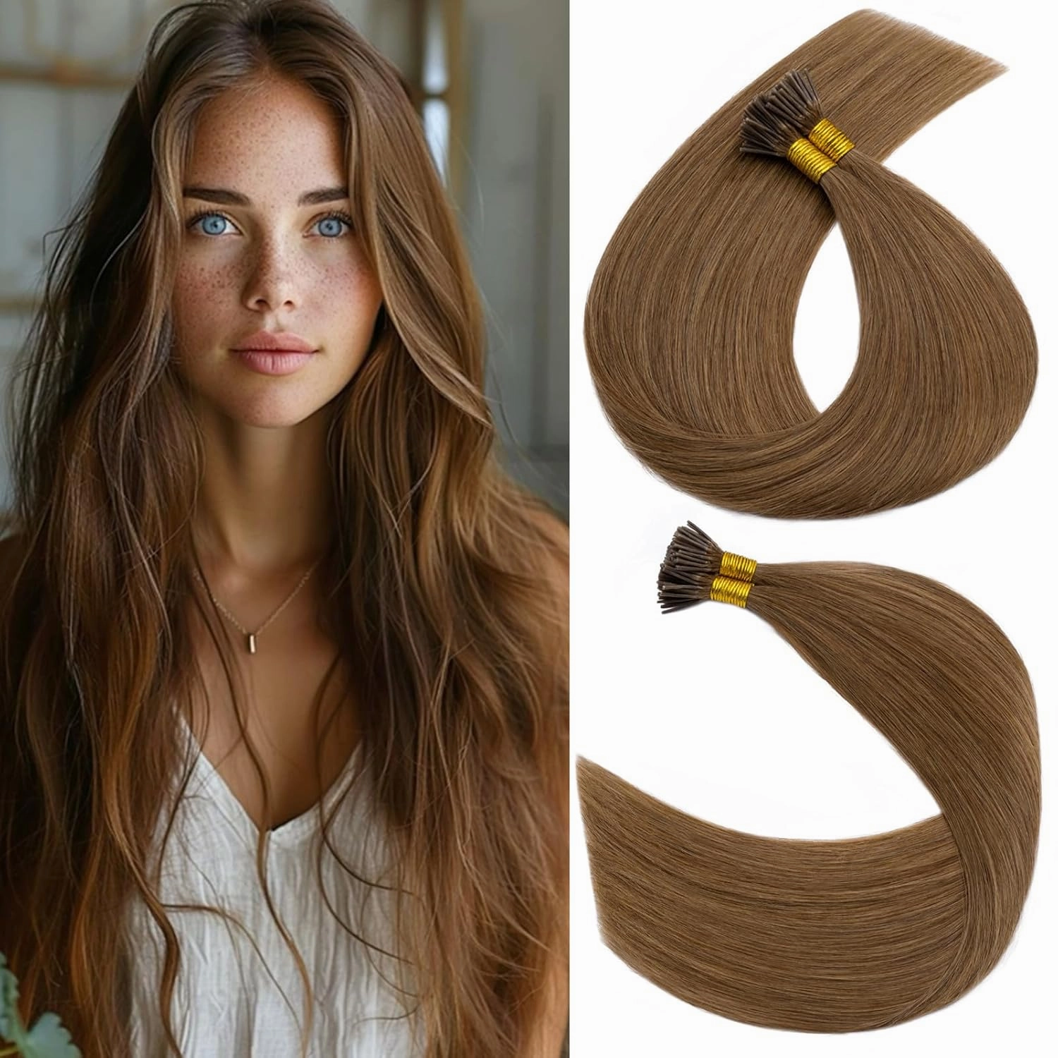 S-noilite Pre bonded I Tip Human Hair Extension for Women 100Strands 50Gram Fusion Stick Tip Remy Human Hair Piece Invisible Keratin Glue K Tip in Hair Extensions 16Inch #06 Light Brown