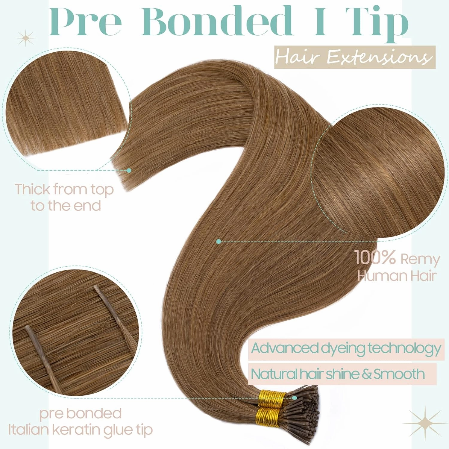 S-noilite Pre bonded I Tip Human Hair Extension for Women 100Strands 50Gram Fusion Stick Tip Remy Human Hair Piece Invisible Keratin Glue K Tip in Hair Extensions 16Inch #06 Light Brown