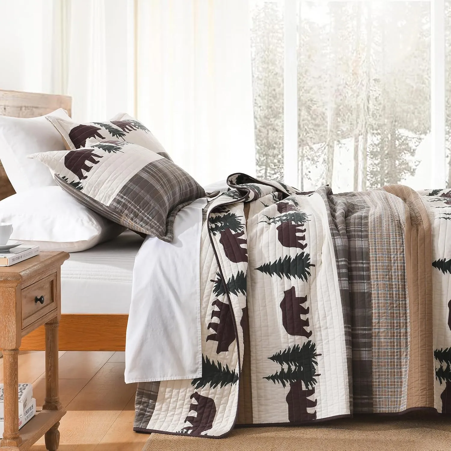 SahSahCasa Quilt Queen Size, Queen Quilt Set, 100% Cotton Queen Quilt Bedding Set Bedspreads, Forest Farmhouse Rustic Reversible Lightweight Comforter for Queen Bed, All Season, Brown/Green, 3-Piece