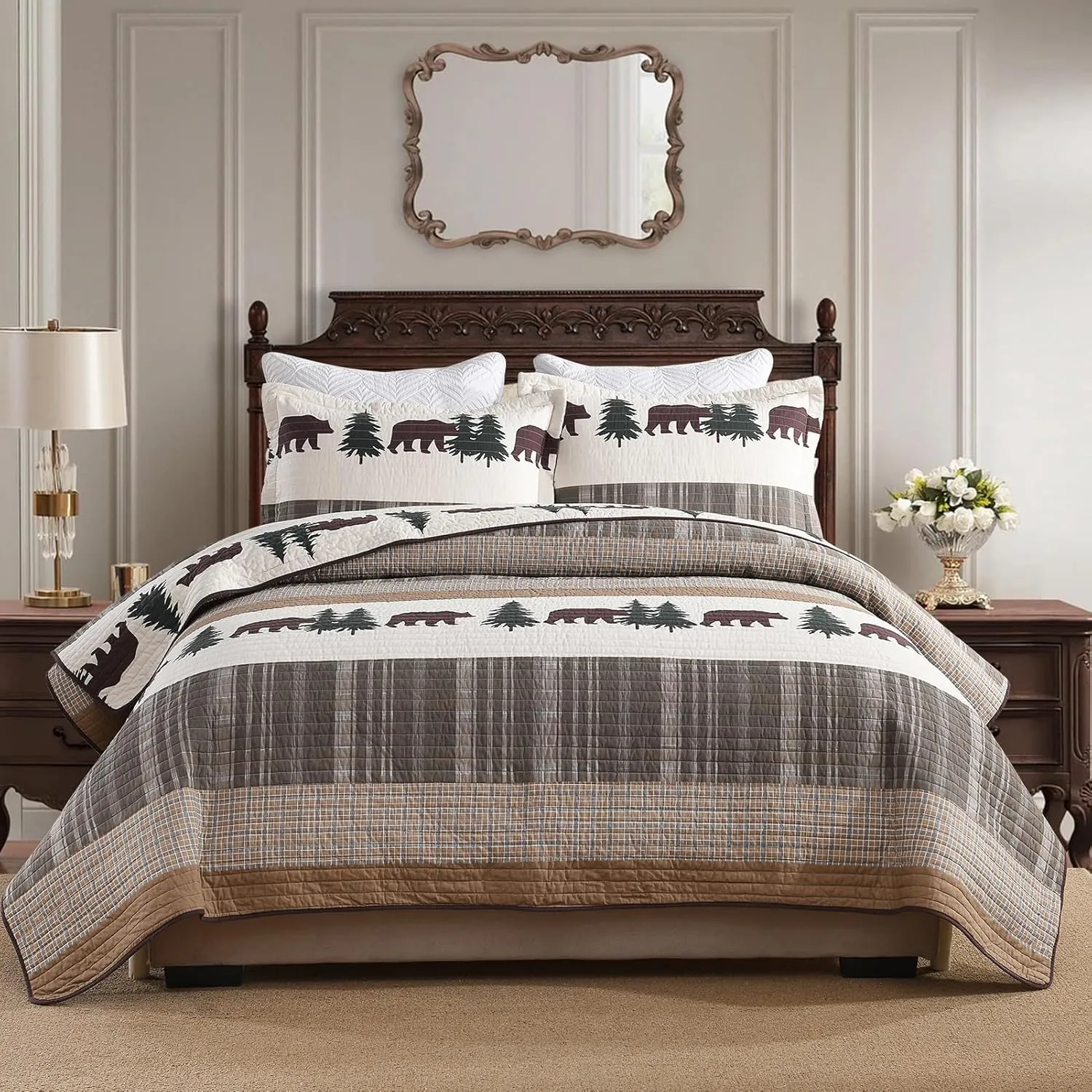 SahSahCasa Quilt Queen Size, Queen Quilt Set, 100% Cotton Queen Quilt Bedding Set Bedspreads, Forest Farmhouse Rustic Reversible Lightweight Comforter for Queen Bed, All Season, Brown/Green, 3-Piece