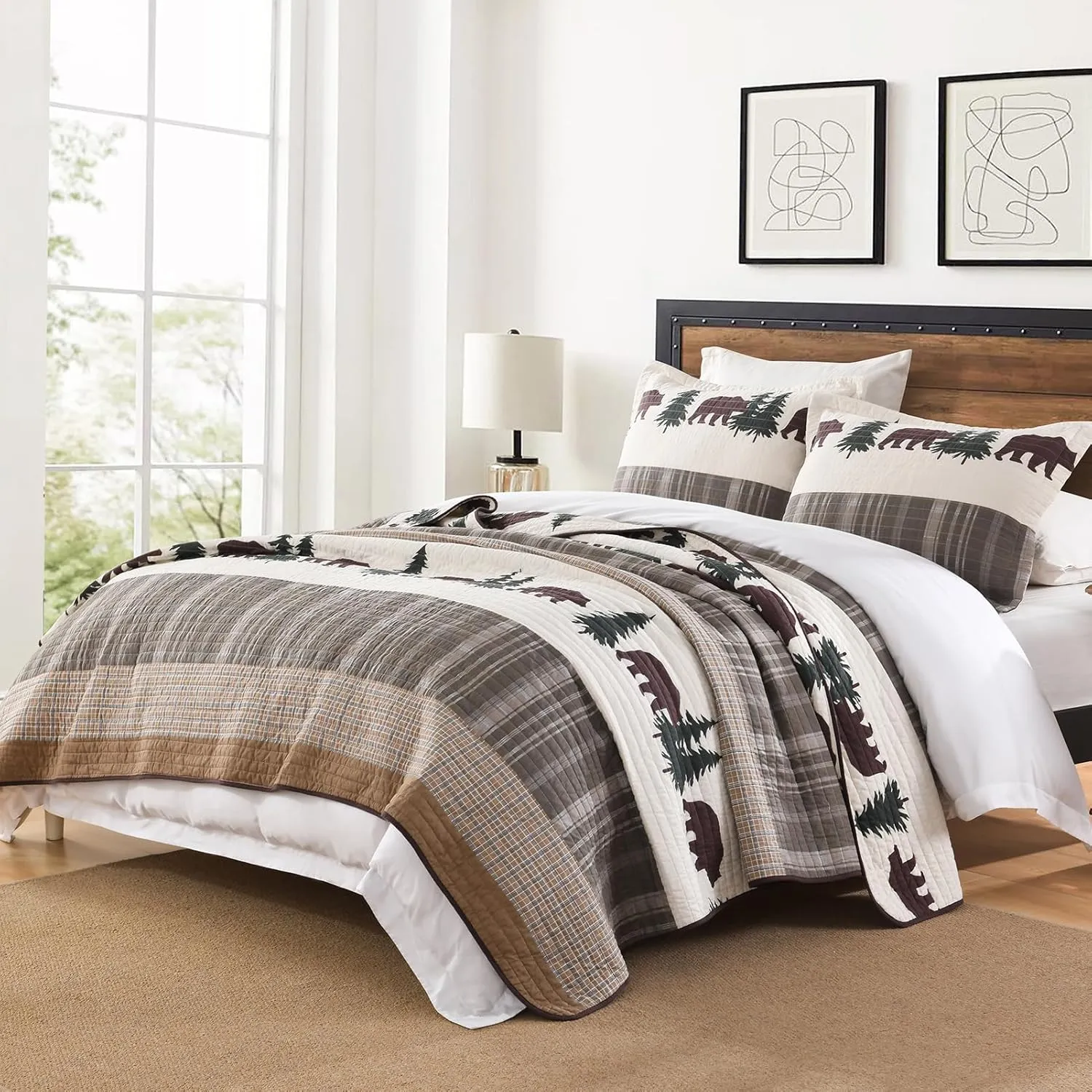 SahSahCasa Quilt Queen Size, Queen Quilt Set, 100% Cotton Queen Quilt Bedding Set Bedspreads, Forest Farmhouse Rustic Reversible Lightweight Comforter for Queen Bed, All Season, Brown/Green, 3-Piece