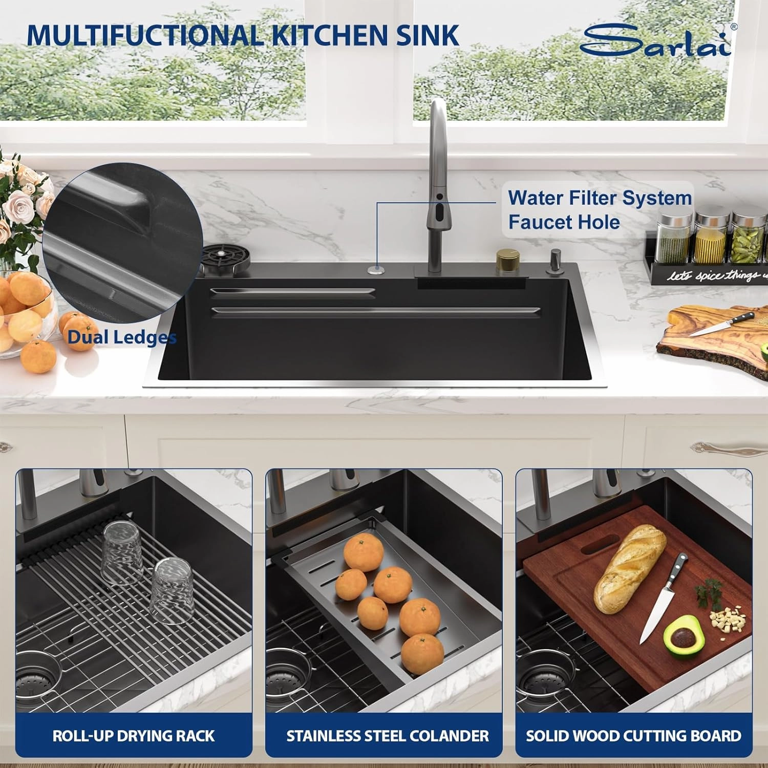 Sarlai 33 Inch Waterfall Kitchen Sink Workstation - 33x22 Black Waterfall Drop In Sink Stainless Steel 16 Gauge Sink Multifunction Single Bowl Smart Top Mount Kitchen Sinks with Faucet Combo