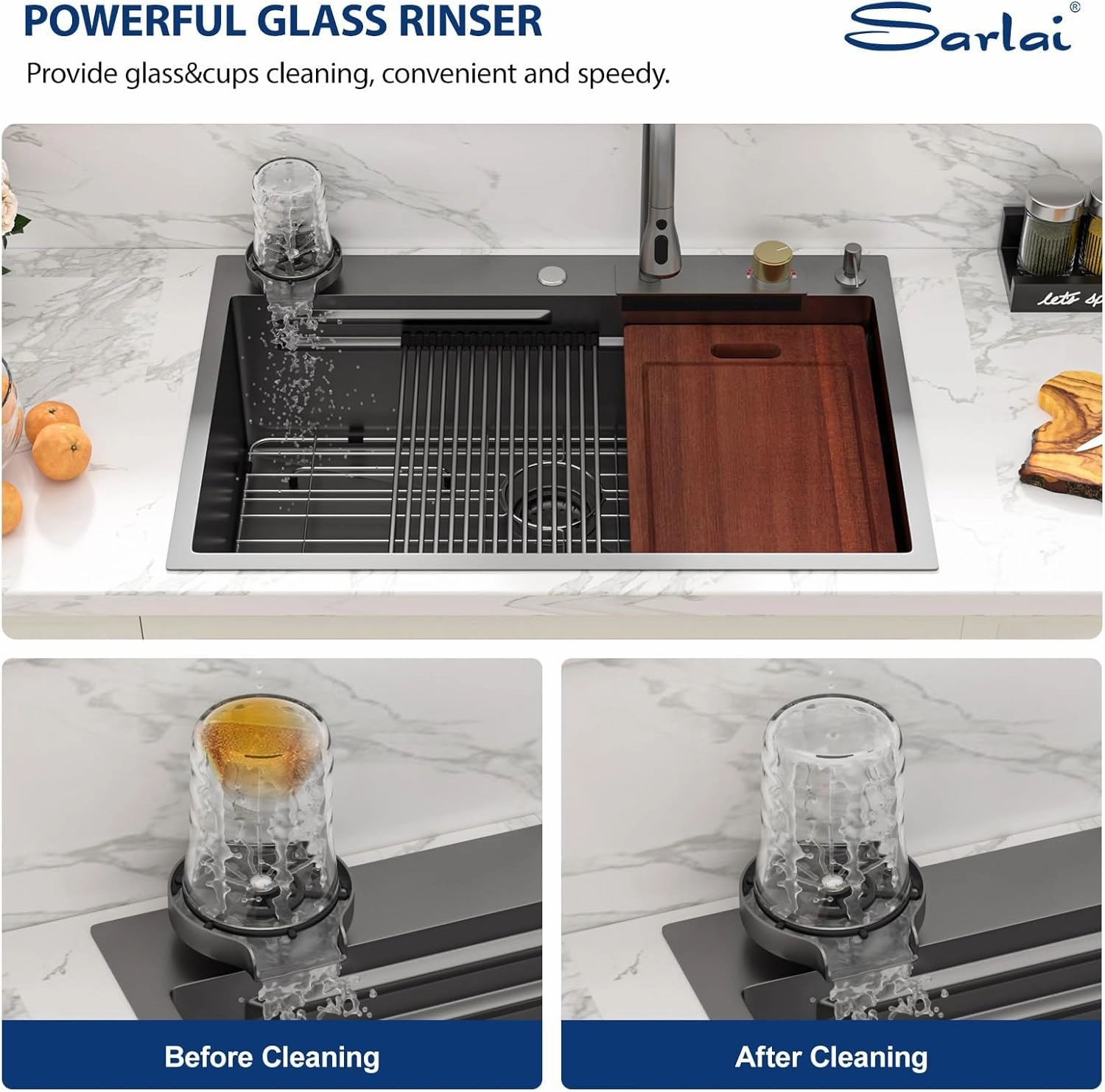 Sarlai 33 Inch Waterfall Kitchen Sink Workstation - 33x22 Black Waterfall Drop In Sink Stainless Steel 16 Gauge Sink Multifunction Single Bowl Smart Top Mount Kitchen Sinks with Faucet Combo