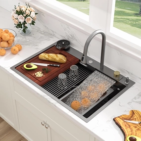 Sarlai 33 Inch Waterfall Kitchen Sink Workstation - 33x22 Black Waterfall Drop In Sink Stainless Steel 16 Gauge Sink Multifunction Single Bowl Smart Top Mount Kitchen Sinks with Faucet Combo