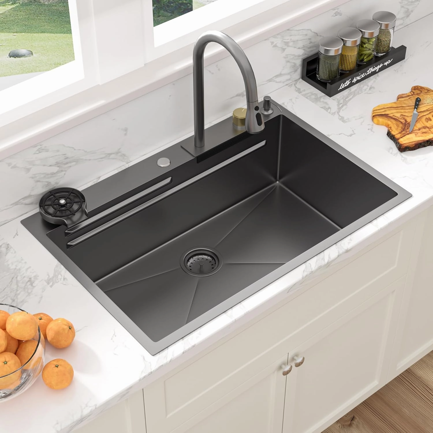 Sarlai 33 Inch Waterfall Kitchen Sink Workstation - 33x22 Black Waterfall Drop In Sink Stainless Steel 16 Gauge Sink Multifunction Single Bowl Smart Top Mount Kitchen Sinks with Faucet Combo