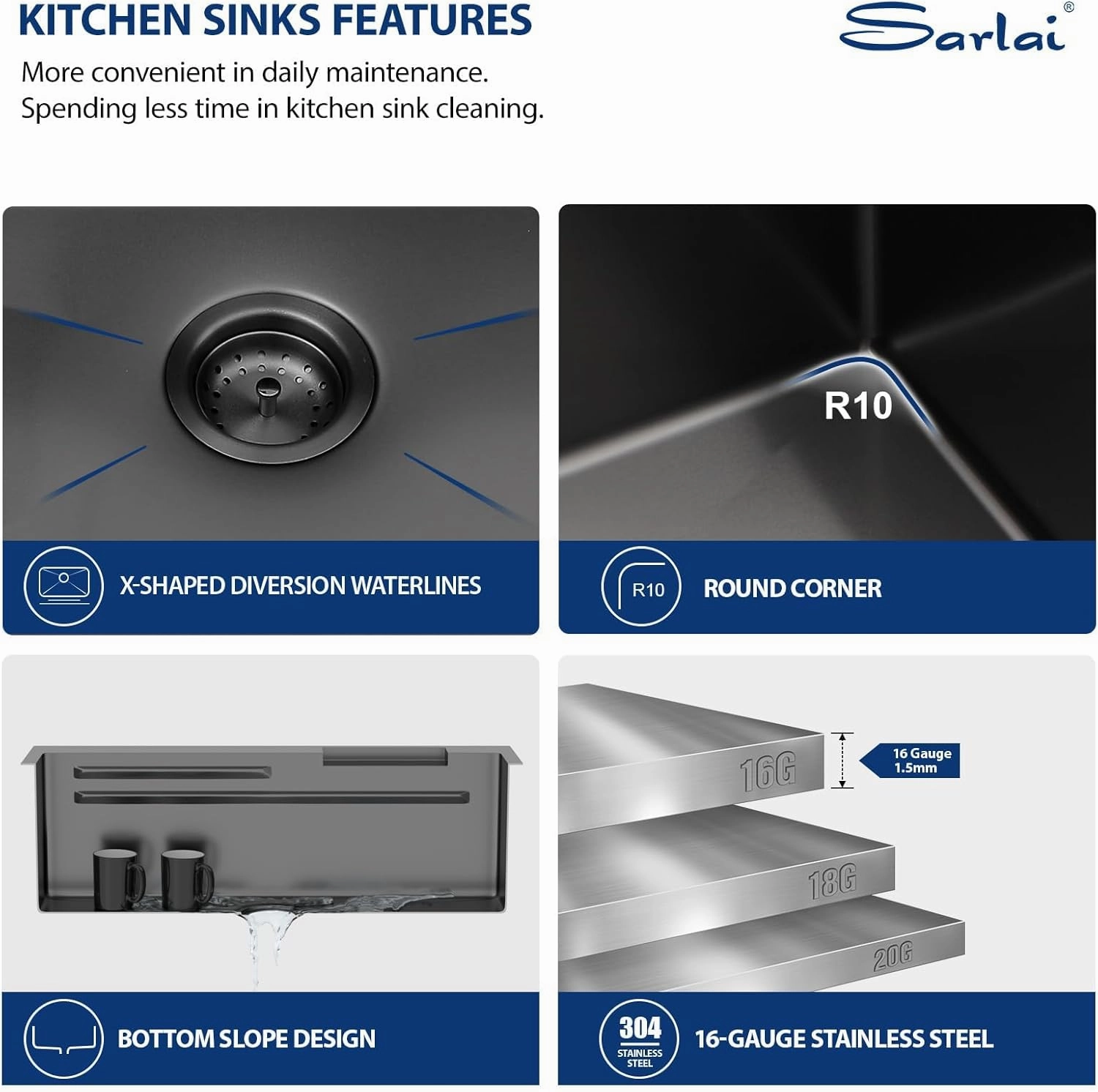 Sarlai 33 Inch Waterfall Kitchen Sink Workstation - 33x22 Black Waterfall Drop In Sink Stainless Steel 16 Gauge Sink Multifunction Single Bowl Smart Top Mount Kitchen Sinks with Faucet Combo