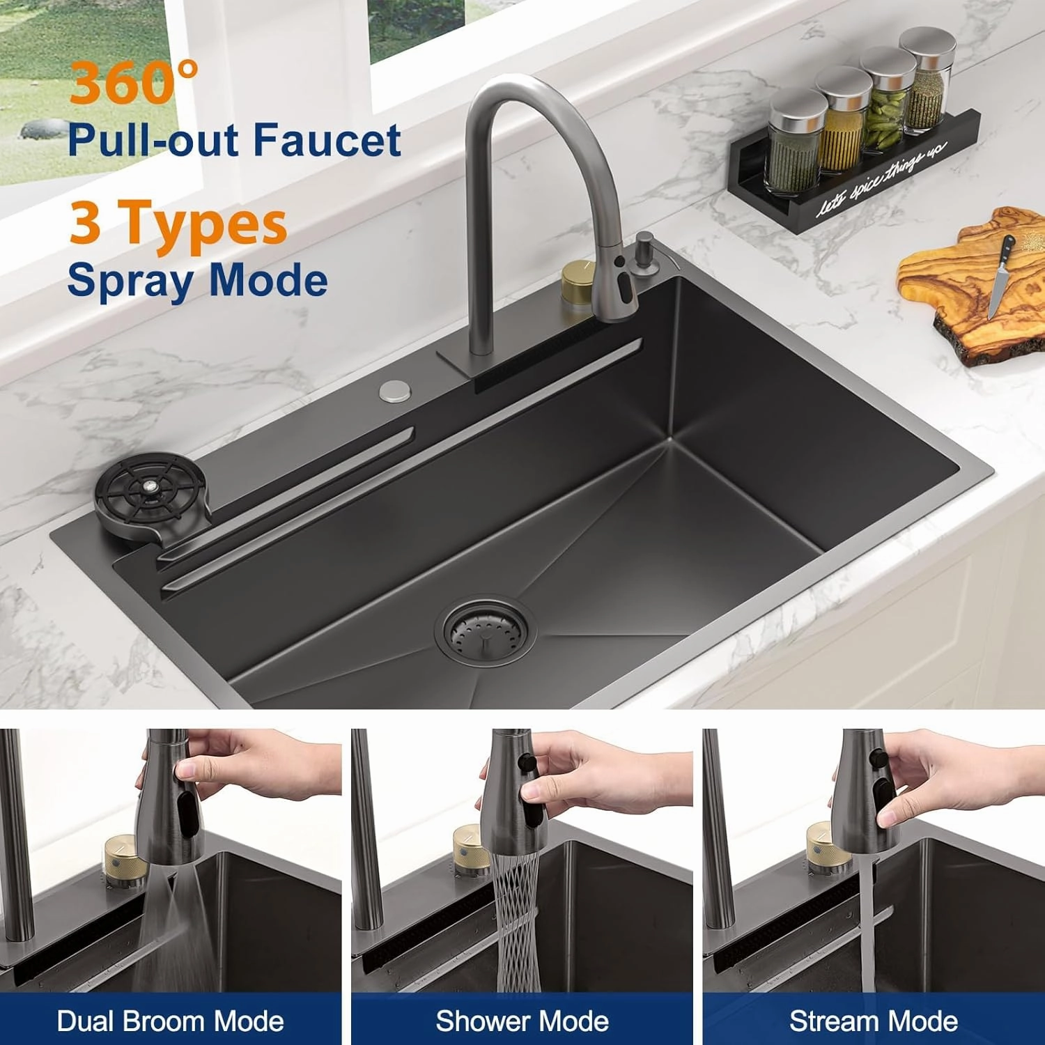 Sarlai 33 Inch Waterfall Kitchen Sink Workstation - 33x22 Black Waterfall Drop In Sink Stainless Steel 16 Gauge Sink Multifunction Single Bowl Smart Top Mount Kitchen Sinks with Faucet Combo